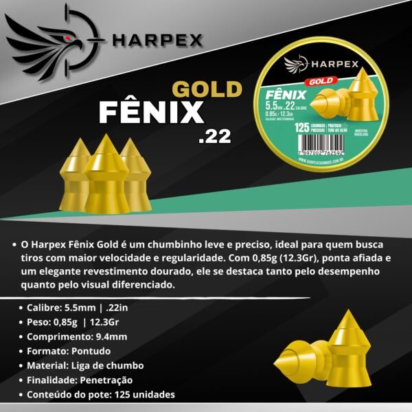 5,5mm | Chumbinho Harpex Fênix Gold (.22) – Pontudo – Penetração – 125 Unidades - Imagem 4