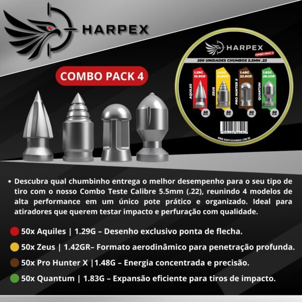 5,5mm | Combo Pack 4 – Harpex (.22) – 200 Unidades – Aquiles, Zeus, Pro Hunter X, Quantum - Imagem 5