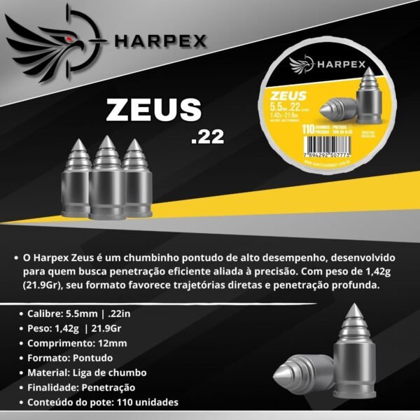 5,5mm | Chumbinho Harpex Zeus (.22) – Pontudo – Penetração – 110 Unidades - Imagem 3