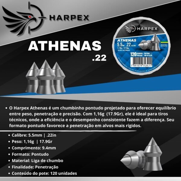 5,5mm | Chumbinho Harpex Athenas (.22) – Pontudo – Penetração – 120 Unidades - Imagem 3