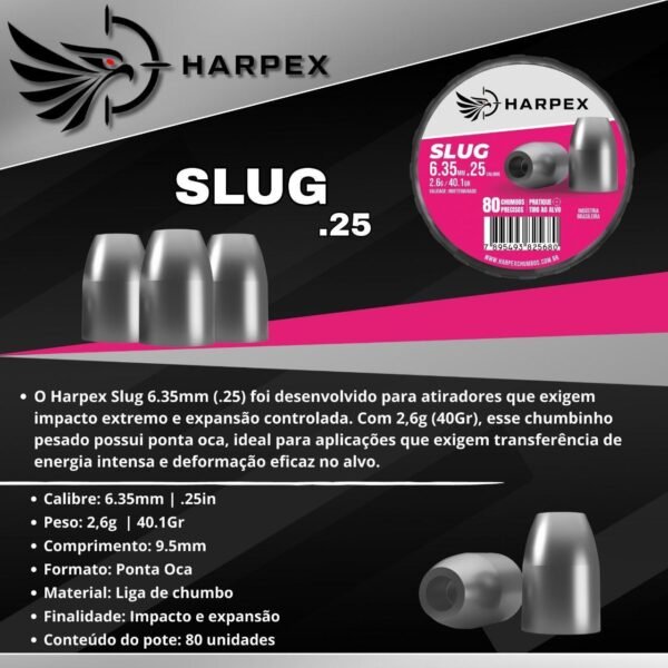 6,35mm | Chumbinho Harpex Slug (.25) – Ponta Oca – Impacto e Expansão – 80 Unidades - Imagem 3