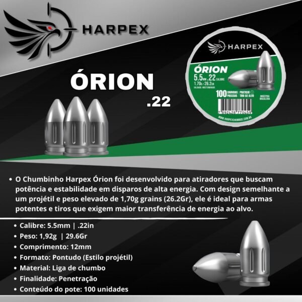 5,5mm | Chumbinho Harpex Órion 5,5mm (.22) – Estilo Projétil – Penetração – 100 Unidades - Imagem 2