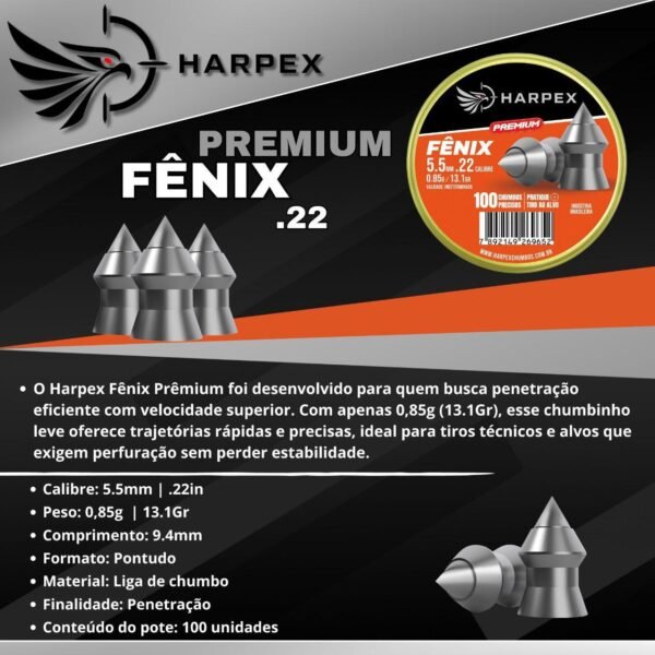 5,5mm | Chumbinho Harpex Fênix Premium (.22) – Ponta – Penetração – 100 Unidades - Imagem 3